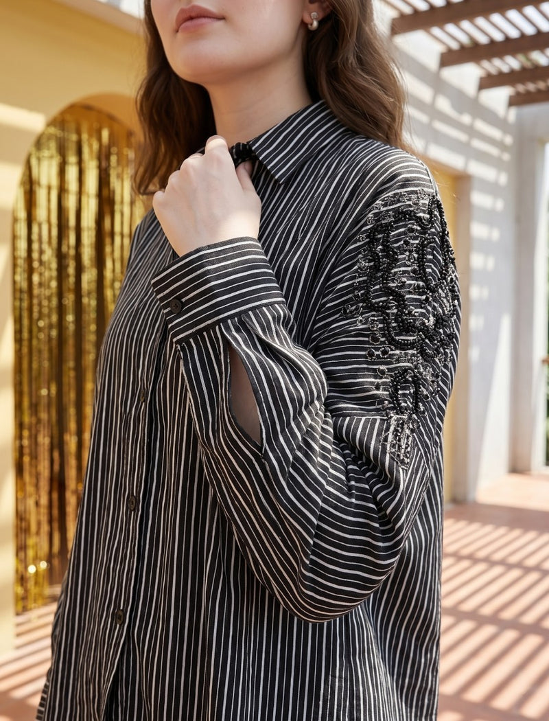 Oversize Stone Embellished Shirt - Black
