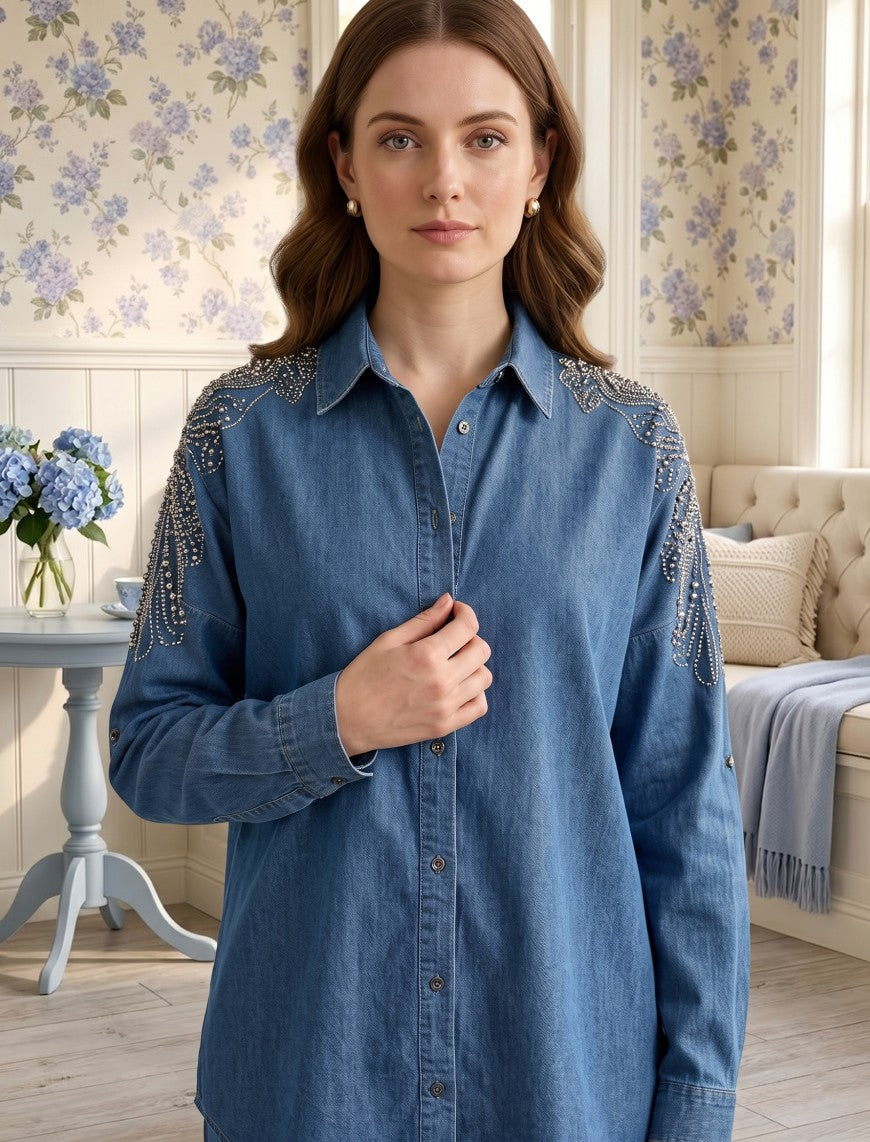 Oversize Stone Embellished Shirt - Blue