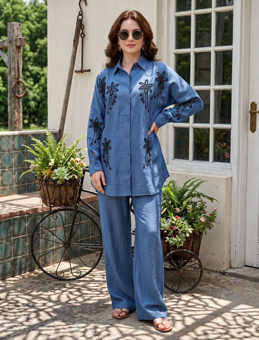 Oversize Stone Embellished Shirt - Blue