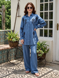 Oversize Stone Embellished Shirt - Blue