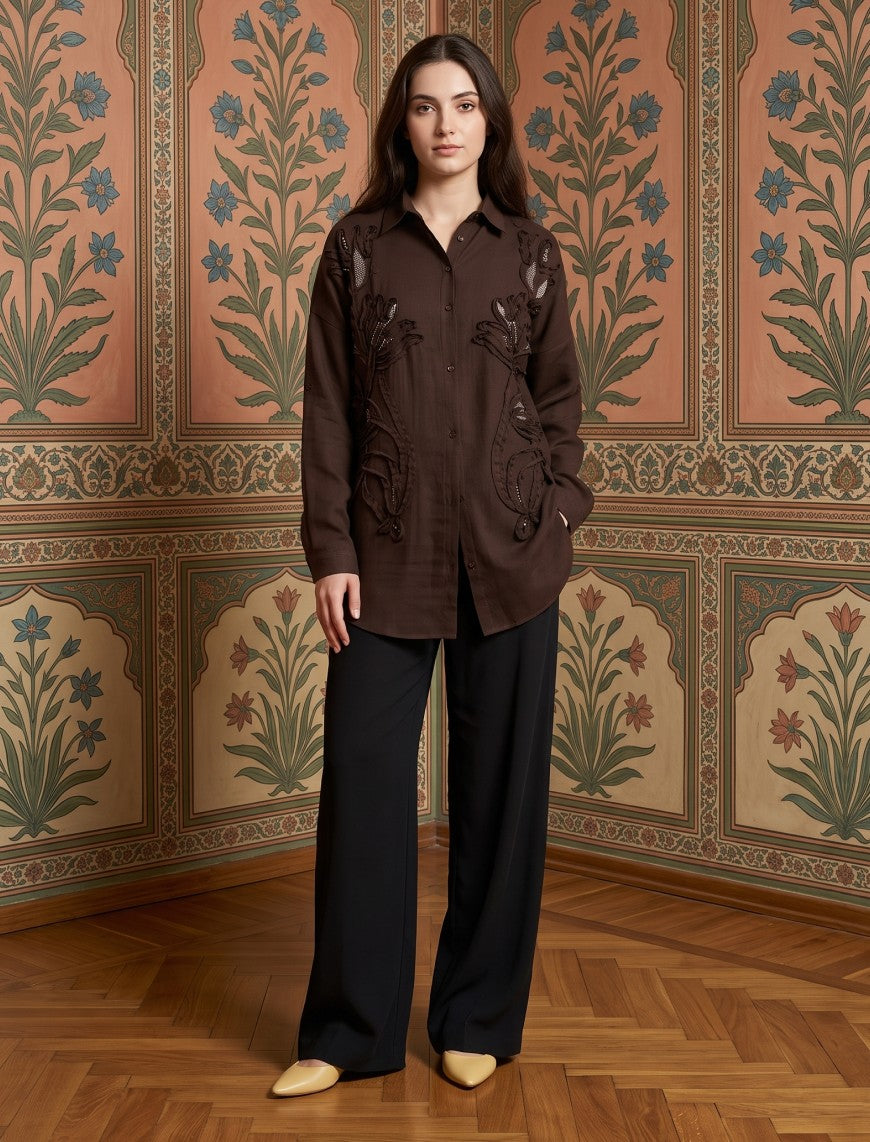 Oversize Stone Embellished Shirt - Brown