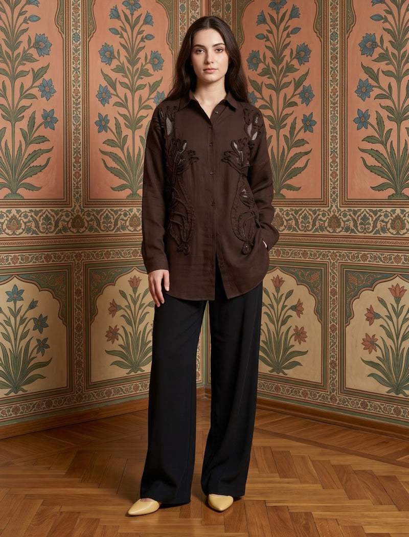 Oversize Stone Embellished Shirt - Brown