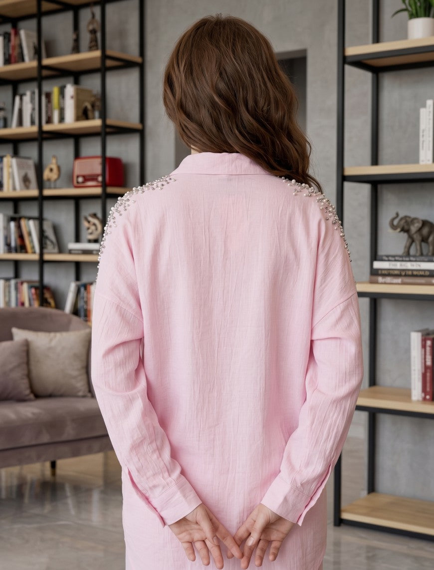 Oversize Stone Embellished Shirt - Pink