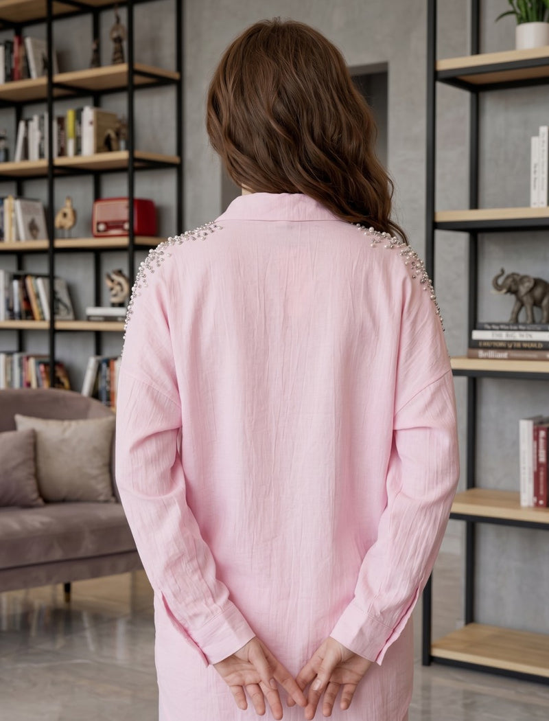 Oversize Stone Embellished Shirt - Pink