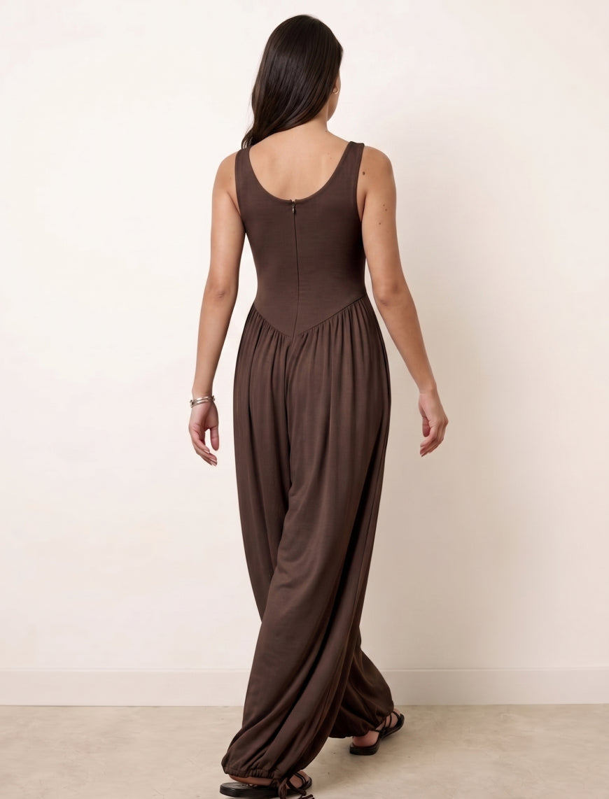 Cotton Blended Jersey Wide-Leg Jumpsuit - Brown