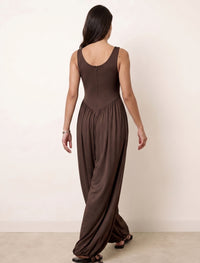 Cotton Blended Jersey Wide-Leg Jumpsuit - Brown