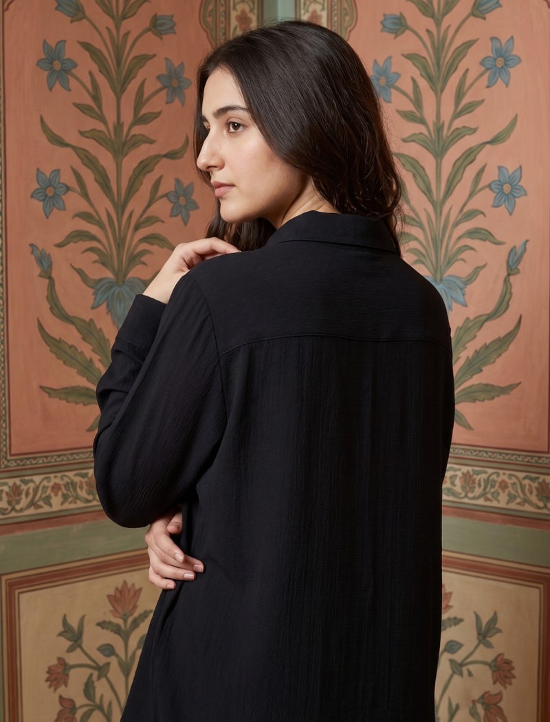 Shirt with Floral Embroidery and Stone Work Details - Black