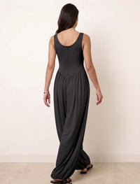 Cotton Blended Jersey Wide-Leg Jumpsuit - Black