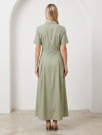 Indigo Cotton Linen Women's Frock - Green