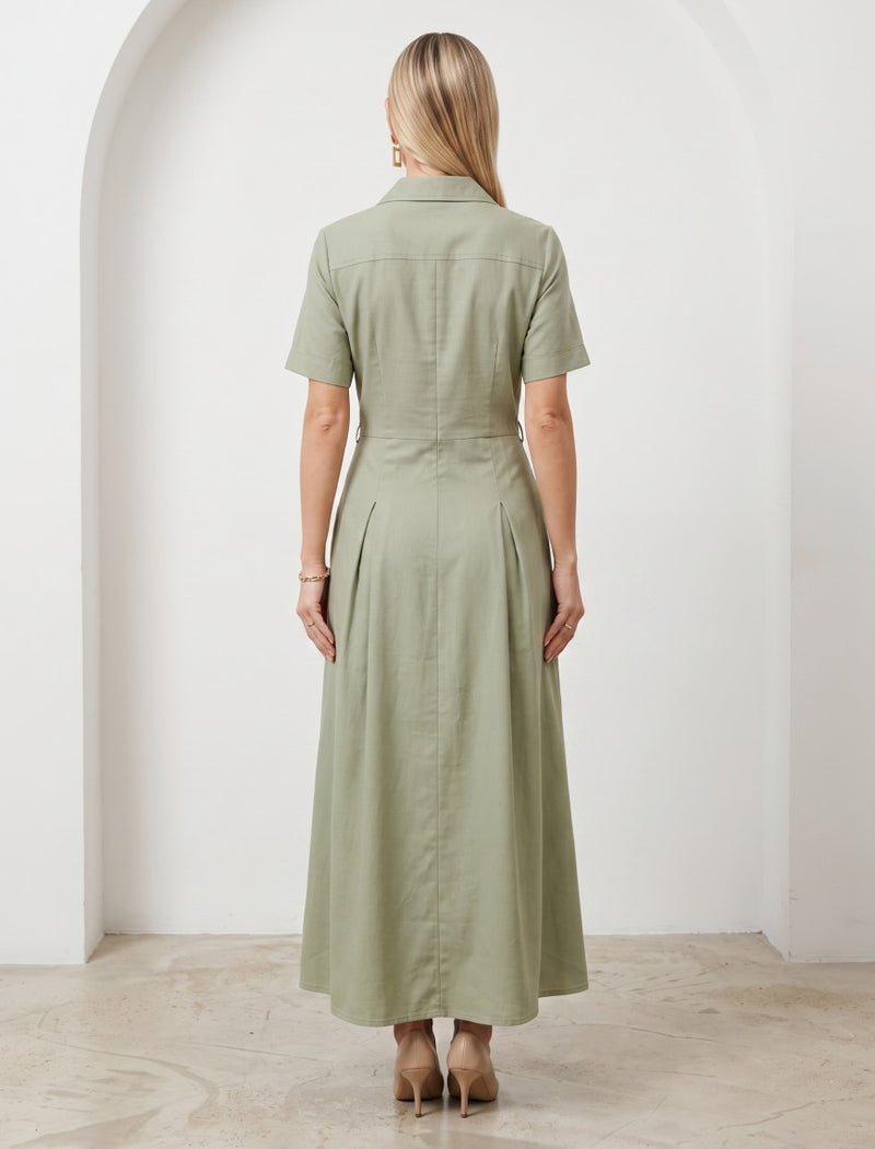 Indigo Cotton Linen Women's Frock - Green