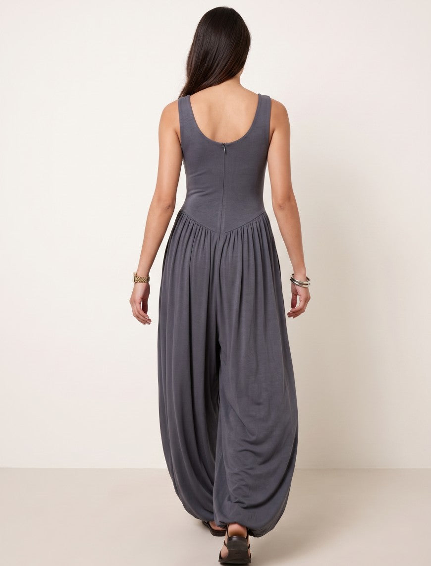Cotton Blended Jersey Wide-Leg Jumpsuit - Grey