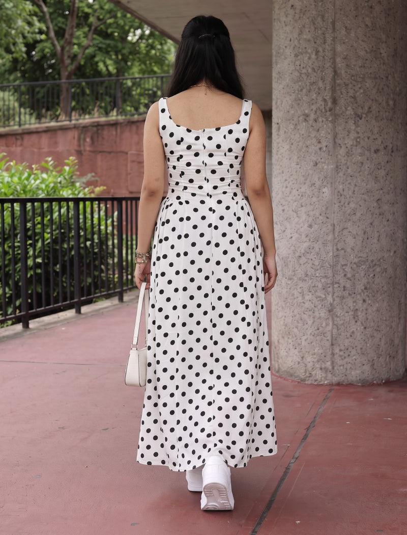 Polka Dot Dress With Waist Gathers - White
