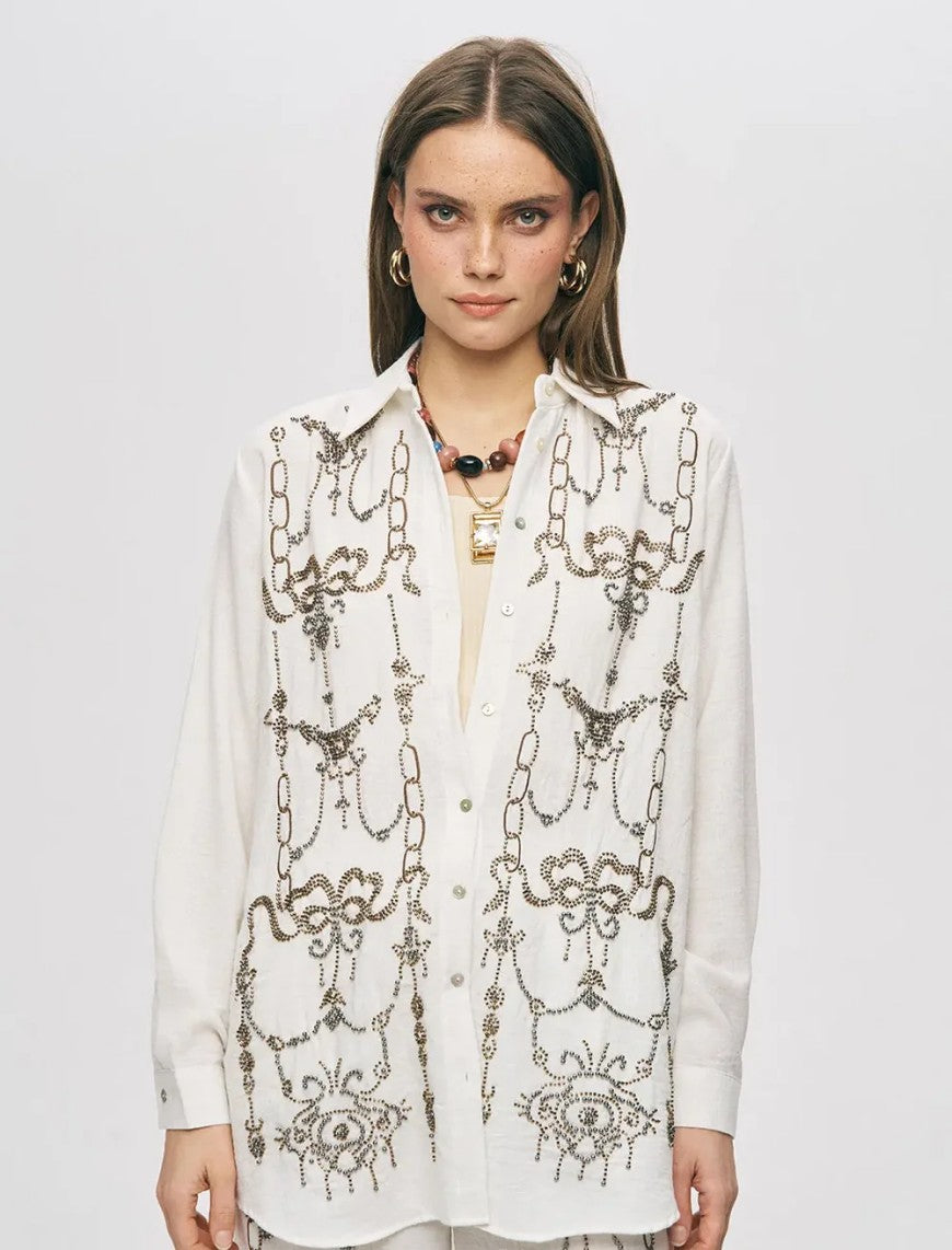 Oversize Stone Embellished Shirt - Off White