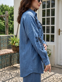 Oversize Stone Embellished Shirt - Blue