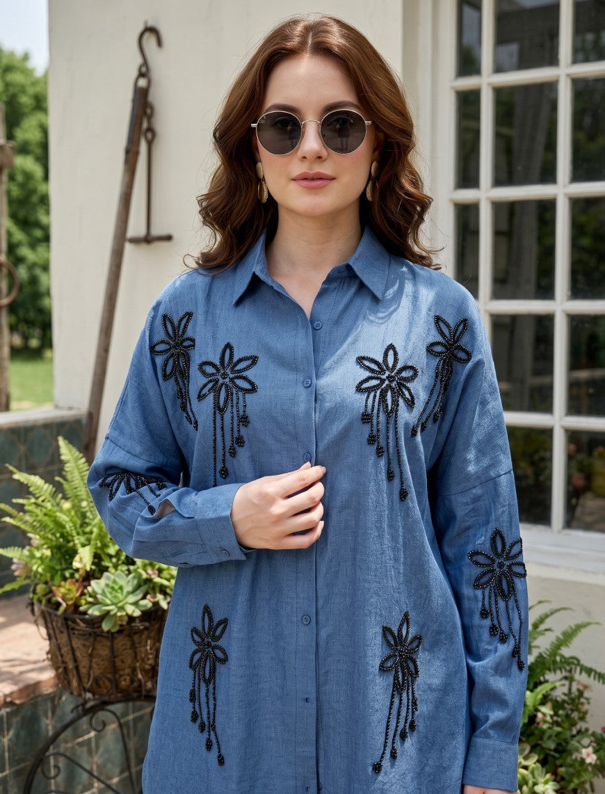 Oversize Stone Embellished Shirt - Blue