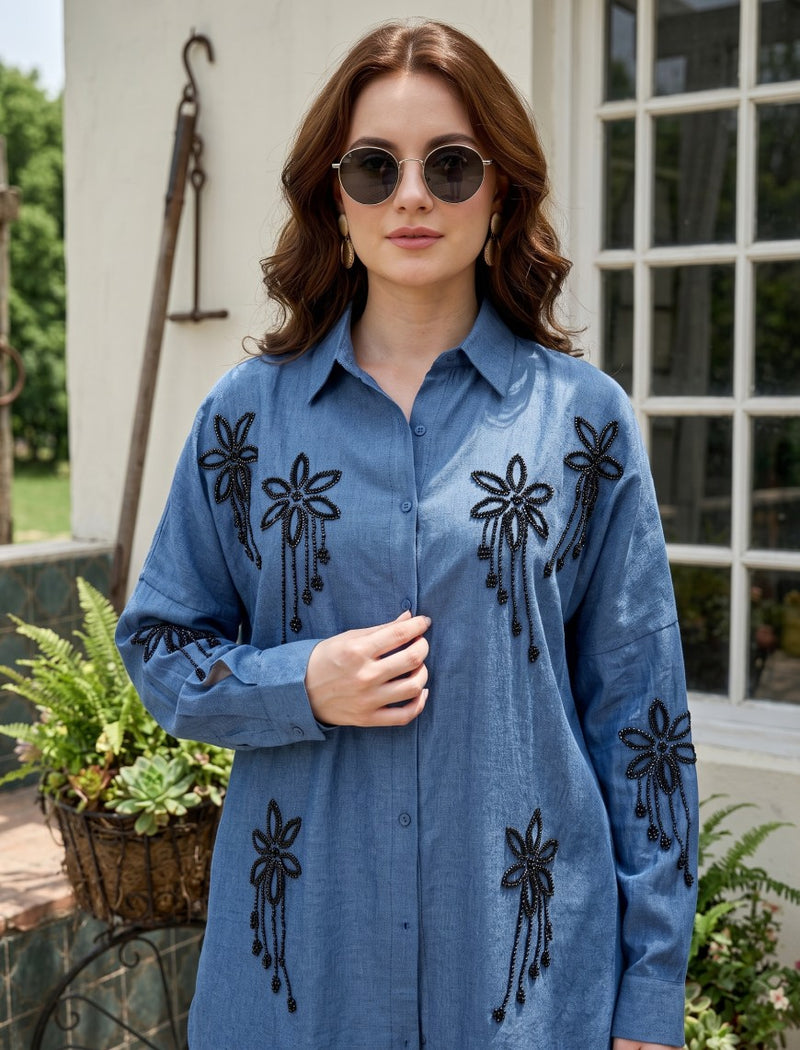 Oversize Stone Embellished Shirt - Blue