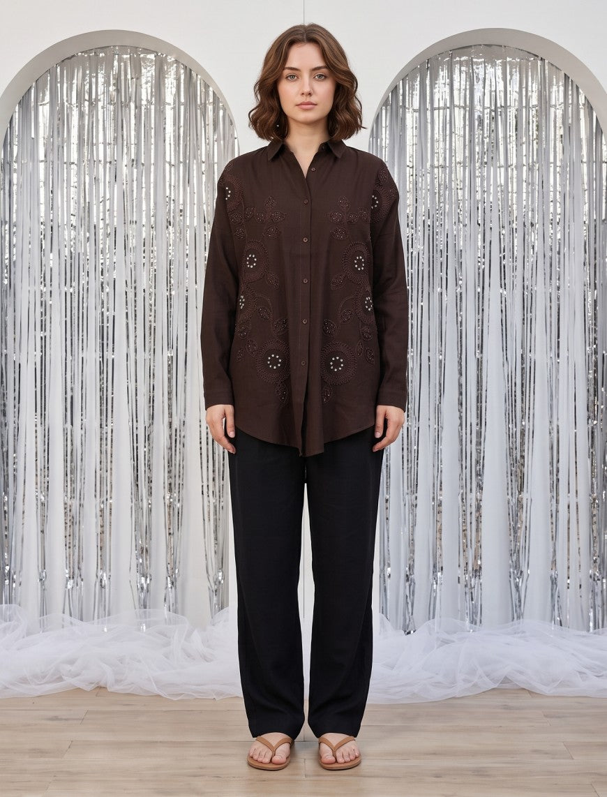 Shirt with Floral Embroidery and Stone Work Details - Chocolate