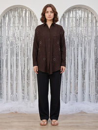 Shirt with Floral Embroidery and Stone Work Details - Chocolate