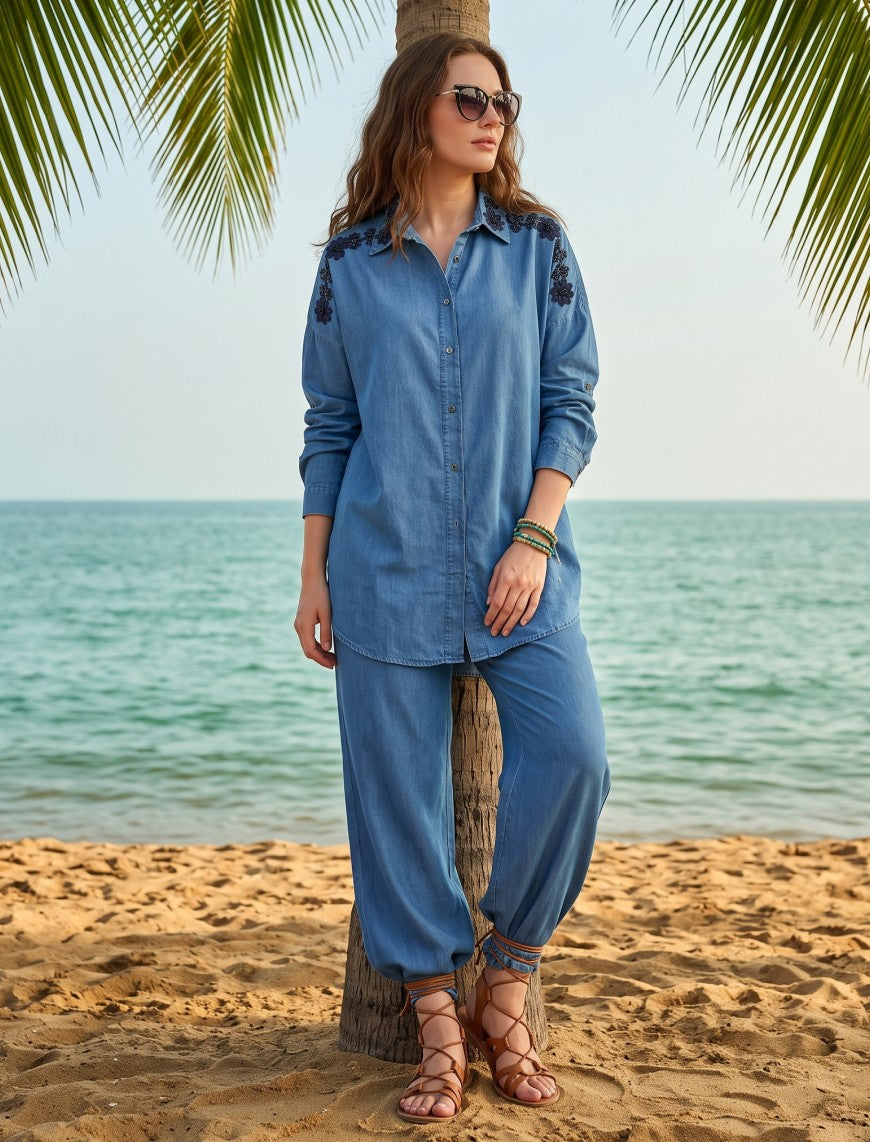 Oversize Stone Embellished Shirt - Blue
