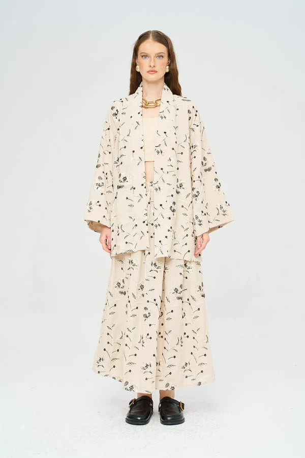 Floral Embroidered and Sequined Kimono - Black