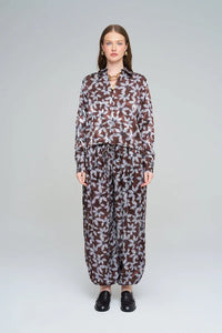 Leaf Patterned, Elastic Waist, Drapey Women's Shirt - Chocolate