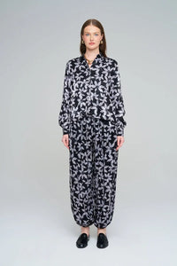 Leaf Patterned, Elasticated Waist, Draped Women's Shirt - Black