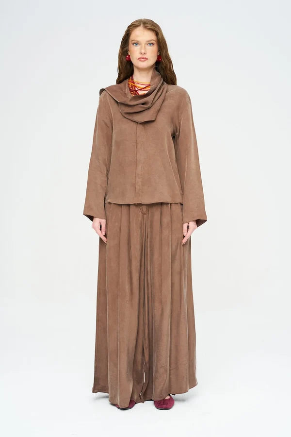Scarf Detailed Coffee Draped Shirt - Brown