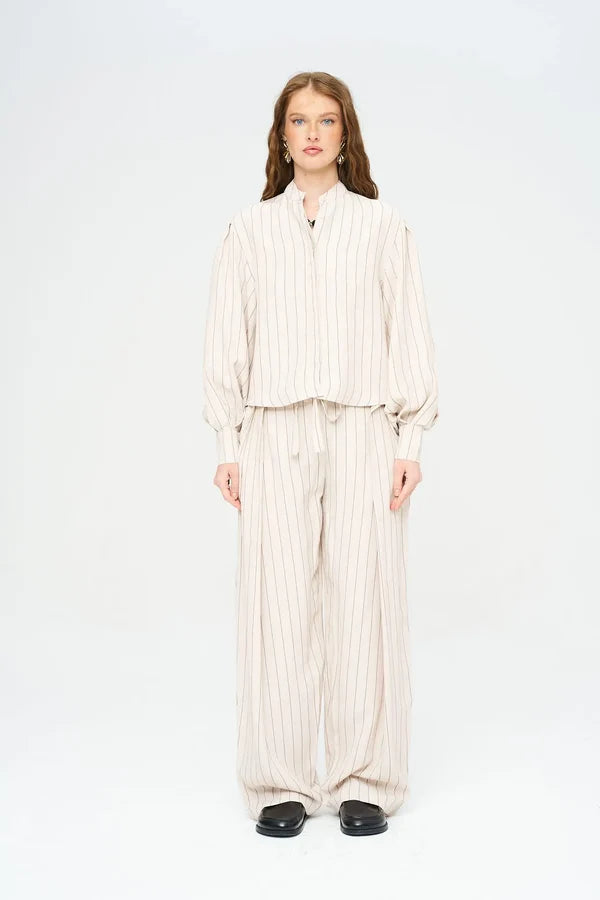 Striped Linen Blend Short Shirt - Beige