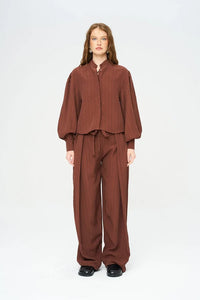 Striped Linen Blend Short Shirt - Brown