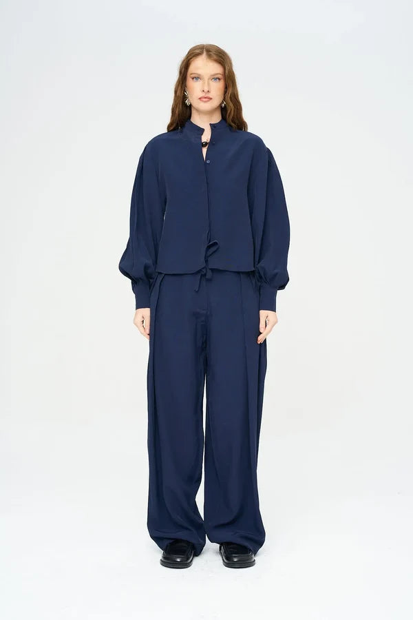 Striped Linen Blend Short Shirt - Blue