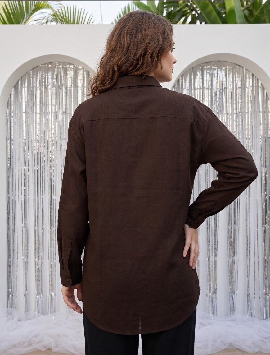 Shirt with Floral Embroidery and Stone Work Details - Chocolate