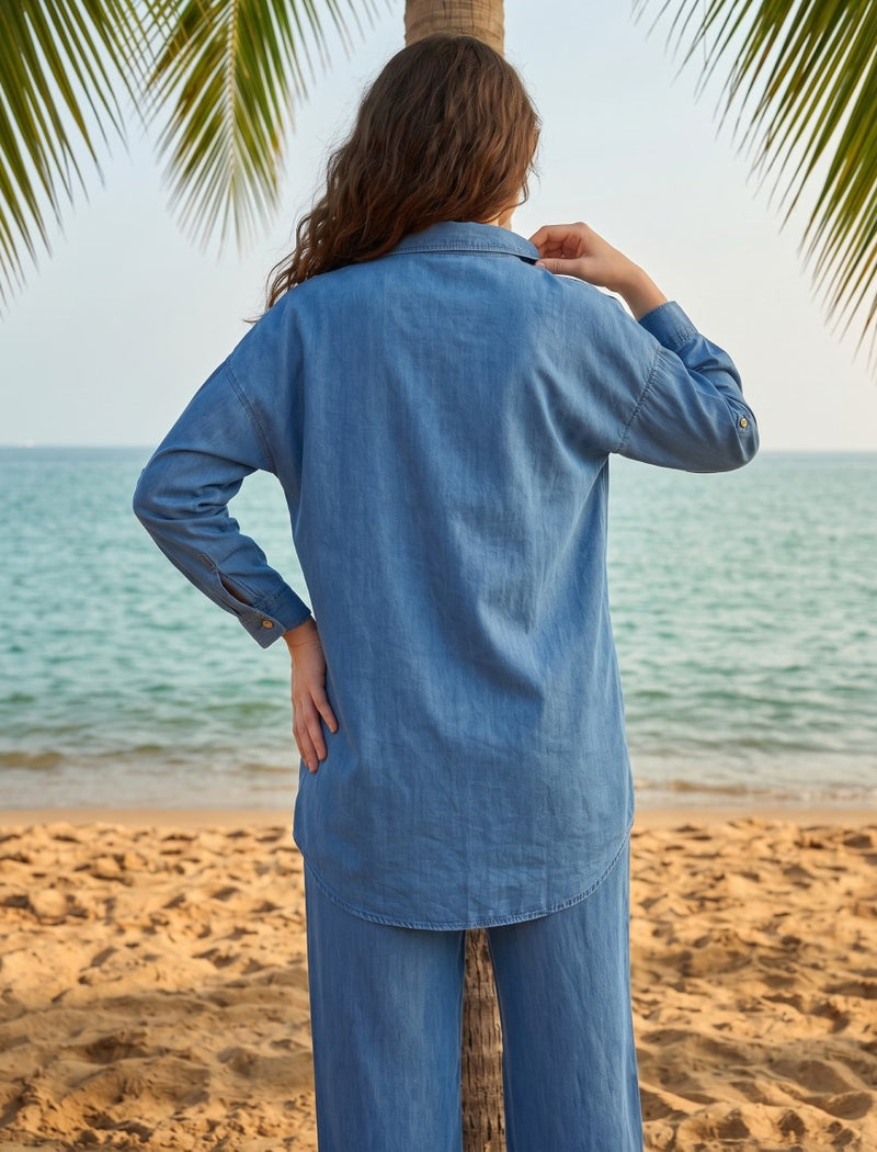Oversize Stone Embellished Shirt - Blue