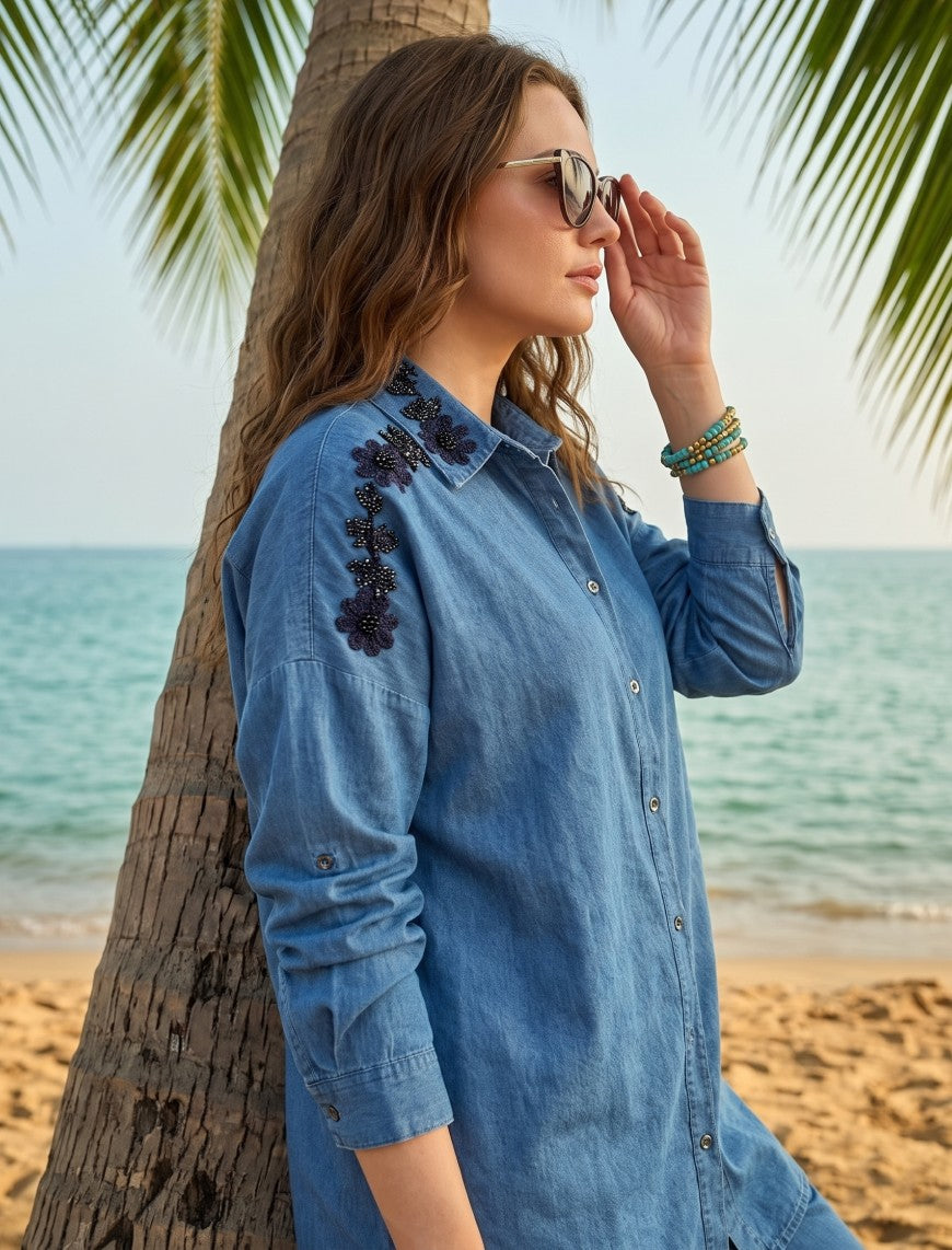 Oversize Stone Embellished Shirt - Blue