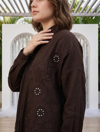 Shirt with Floral Embroidery and Stone Work Details - Chocolate