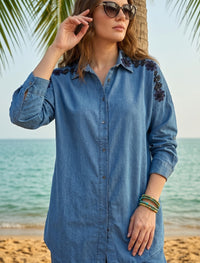 Oversize Stone Embellished Shirt - Blue