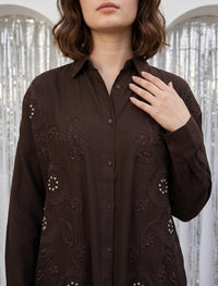 Shirt with Floral Embroidery and Stone Work Details - Chocolate