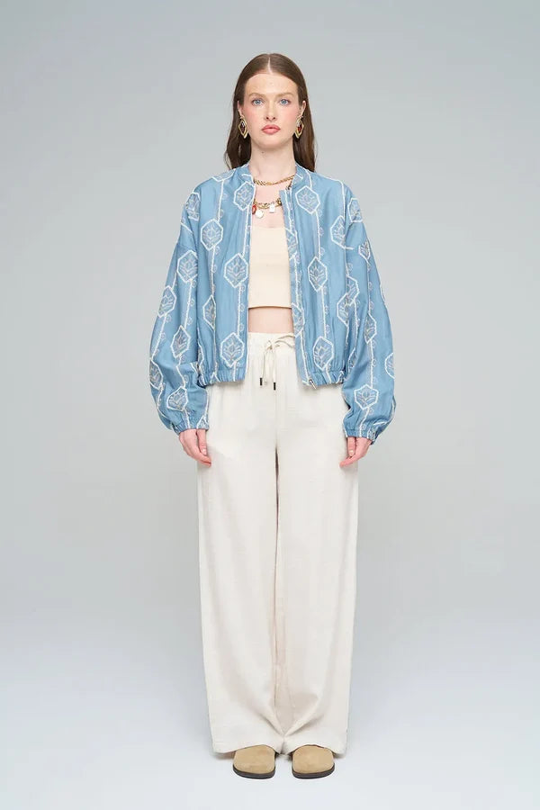 Women's Bomber Jacket with Floral Embroidery - Blue