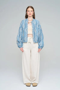 Women's Bomber Jacket with Floral Embroidery - Blue