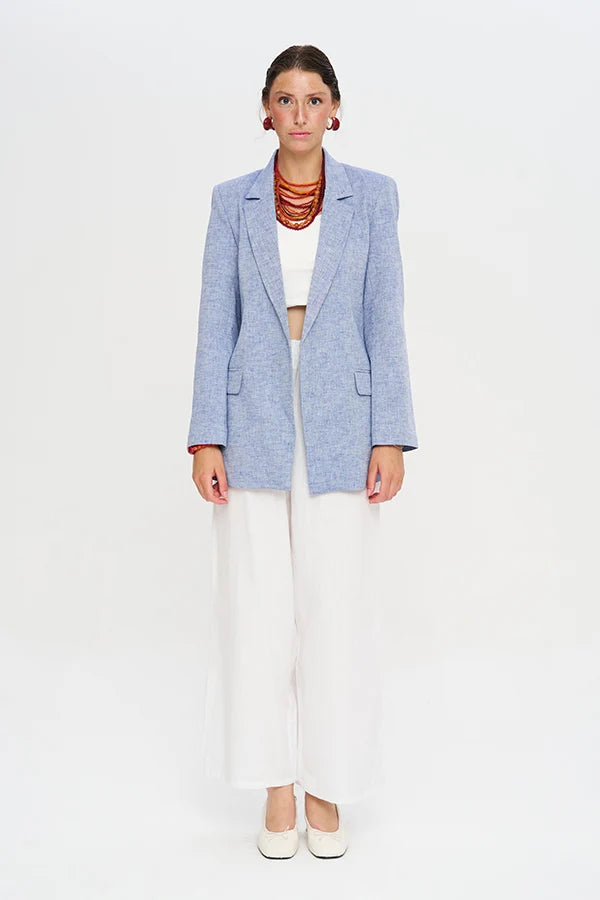 Linen Blend Lined Blue Women's Blazer Jacket