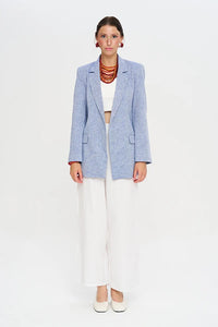Linen Blend Lined Blue Women's Blazer Jacket