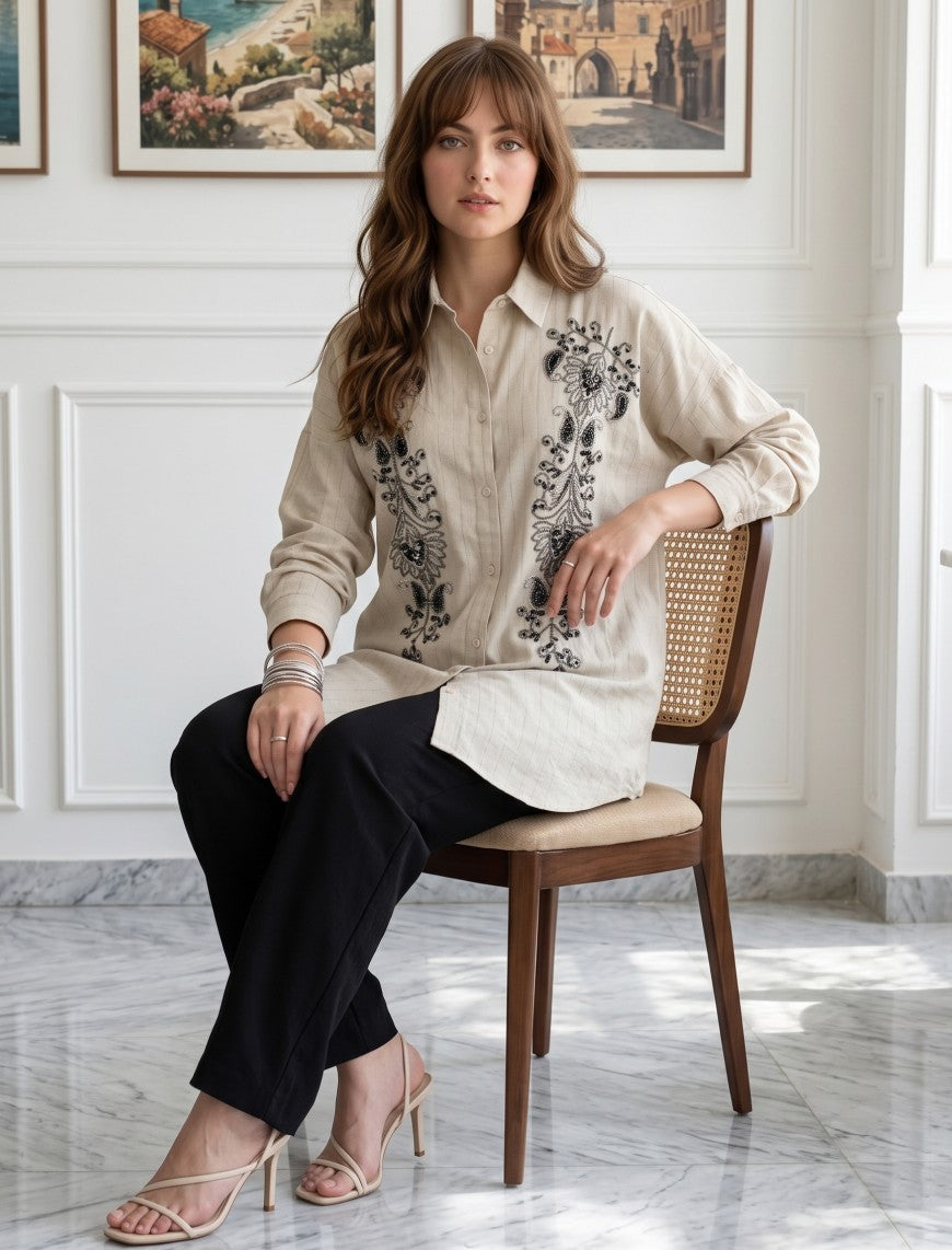 Oversize Shirt with Stone Work and Sequin Details - Skin