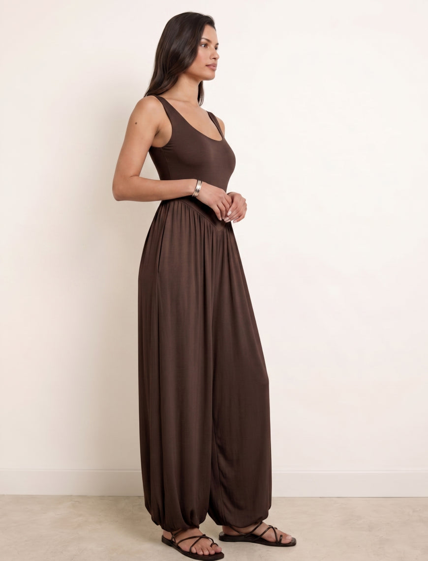 Cotton Blended Jersey Wide-Leg Jumpsuit - Brown