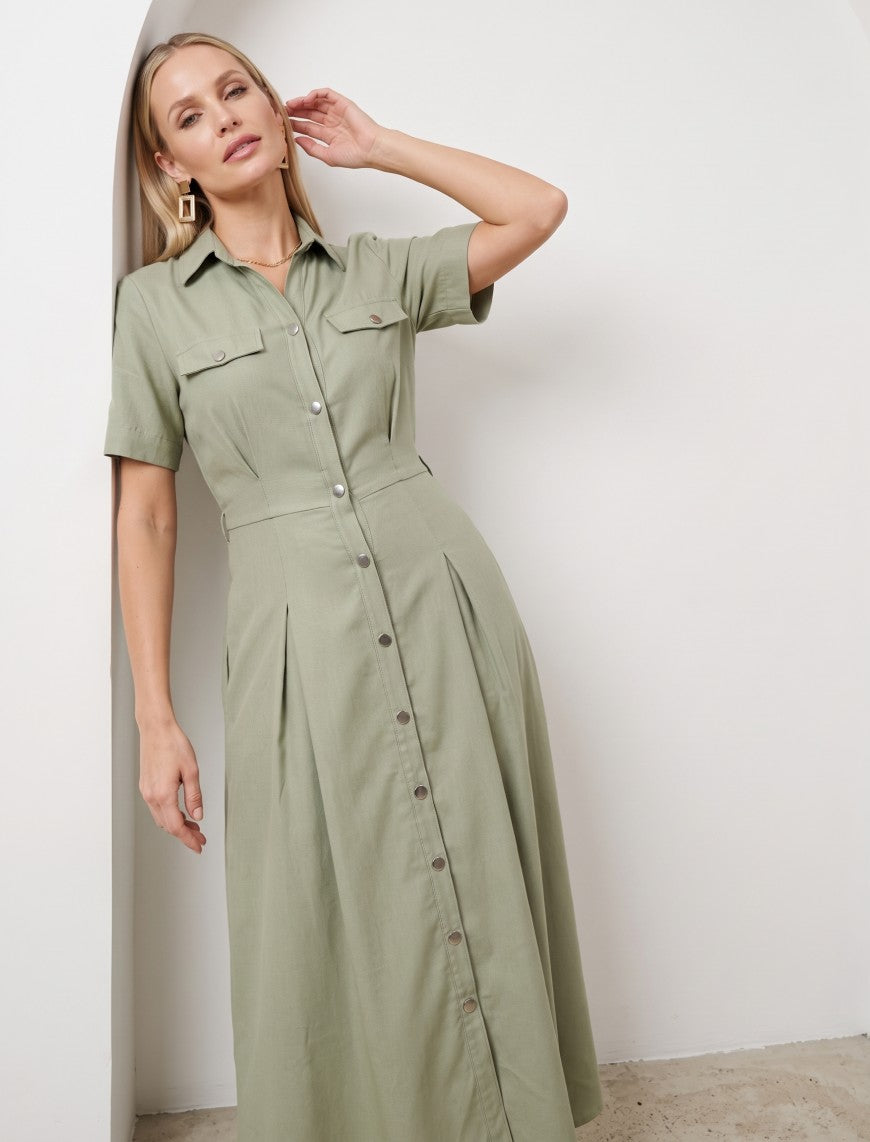 Indigo Cotton Linen Women's Frock - Green