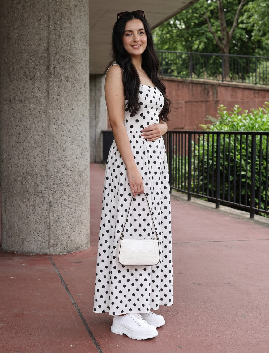 Polka Dot Dress With Waist Gathers - White