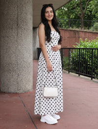 Polka Dot Dress With Waist Gathers - White