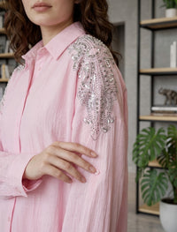 Oversize Stone Embellished Shirt - Pink
