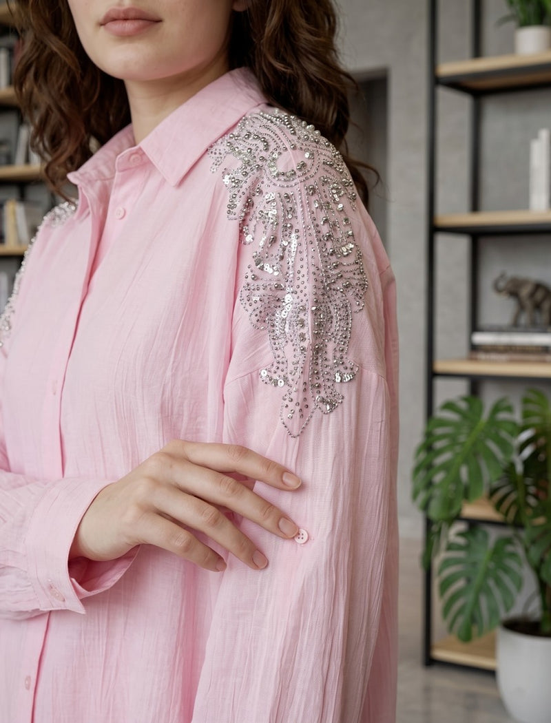 Oversize Stone Embellished Shirt - Pink