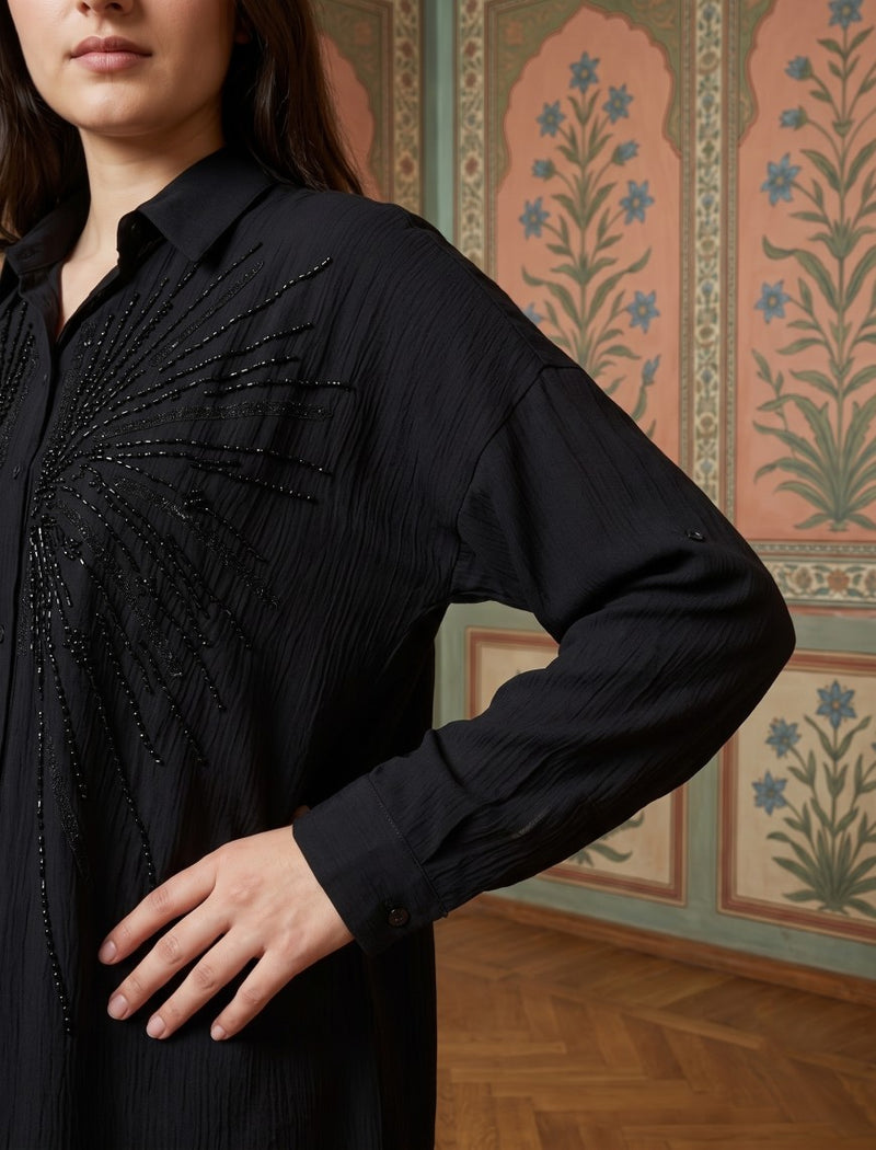 Shirt with Floral Embroidery and Stone Work Details - Black
