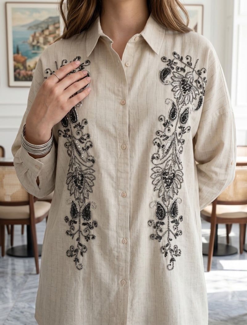 Oversize Shirt with Stone Work and Sequin Details - Skin