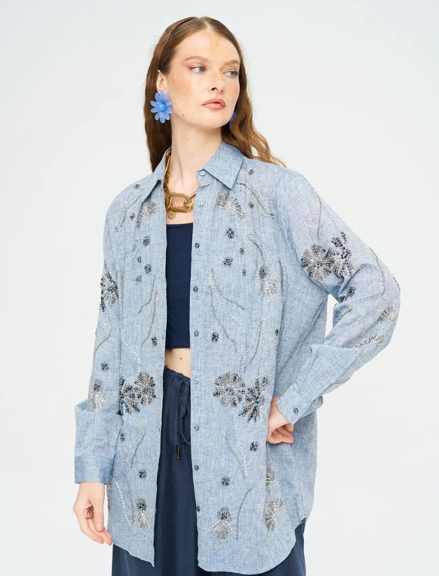 Beaded Oversize Shirt - Anthracite - Grey